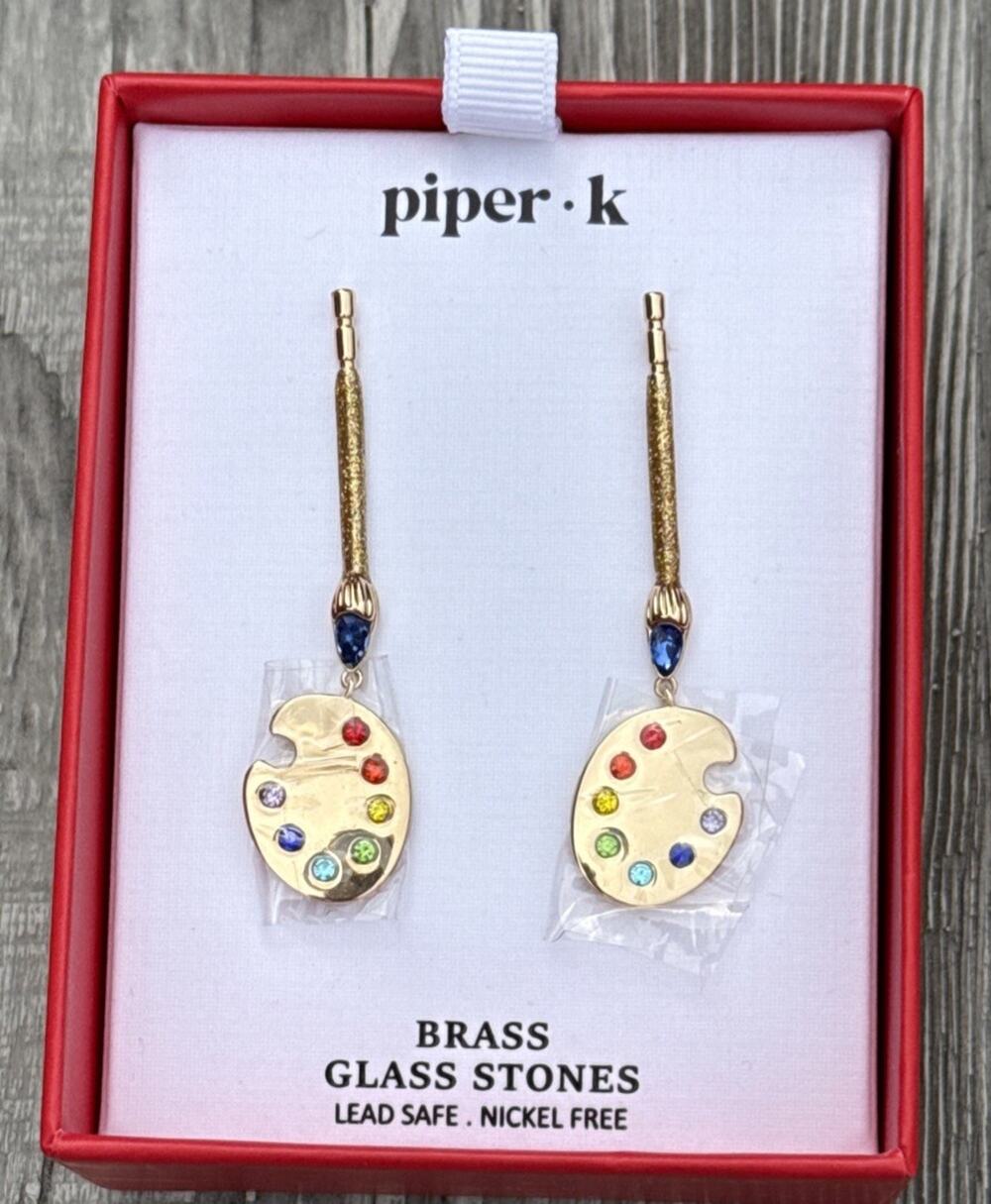 PIPER.K GOLD TONE BRASS PAINT PALETTE GLASS STONES DANGLE EARRINGS 2,25”